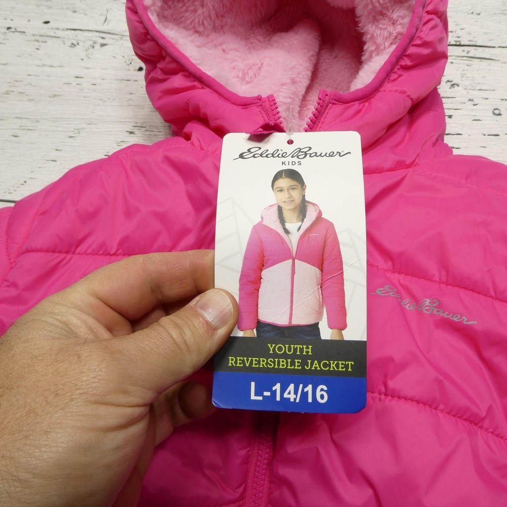 Eddie Bauer Kids Reversible Jacket Girls Large 14/16 Pink Hooded Puffer Fleece - Picture 3 of 9